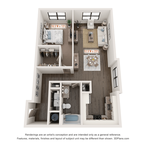 Floor plan for 1 bed, 1 bath, 850 sqft